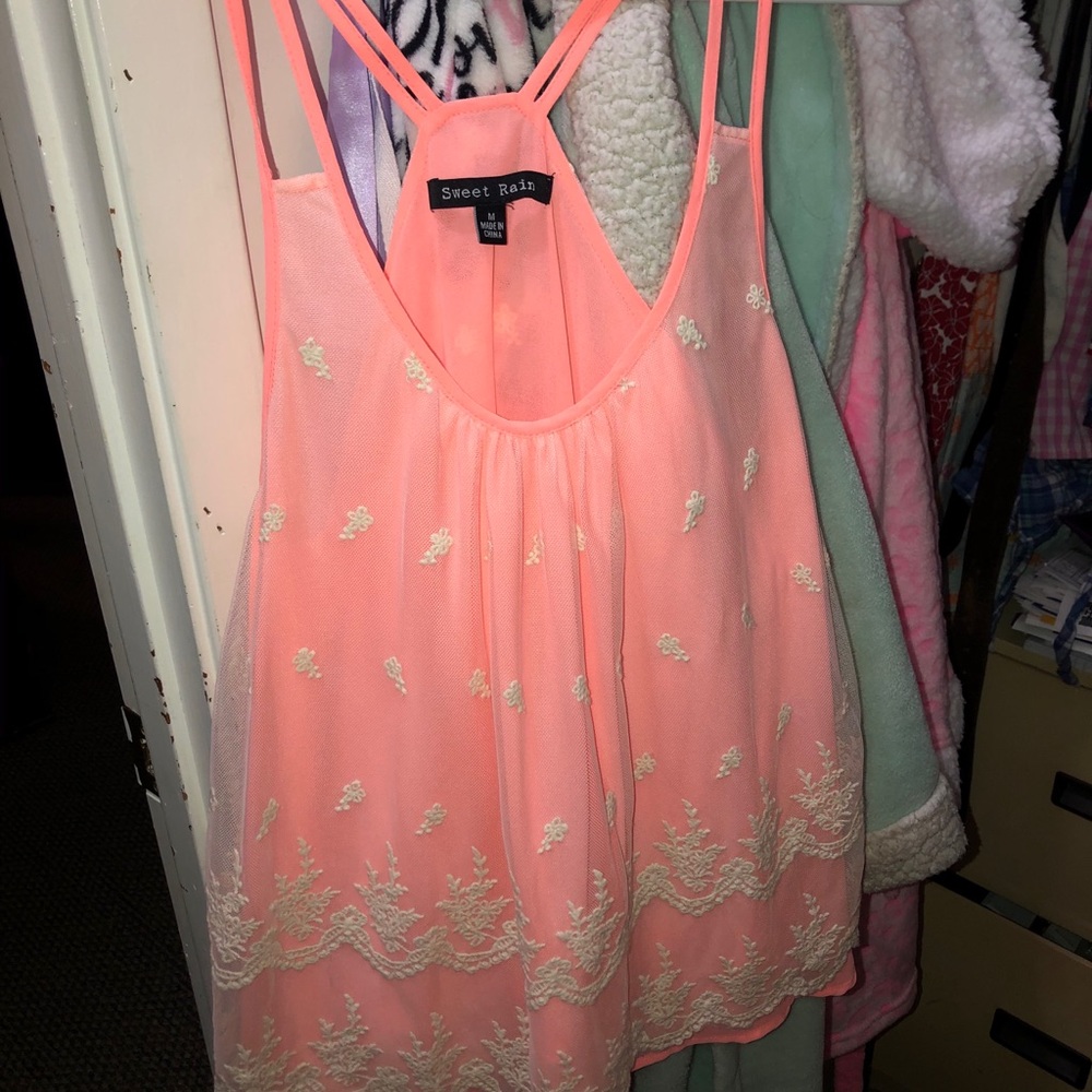 Bright coral lace overlay boutique top.